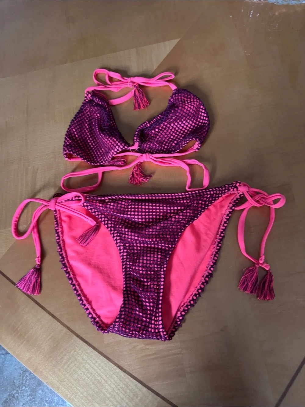 Trillium Hot Pink and Magenta Beaded Crochet Bikini Set size l